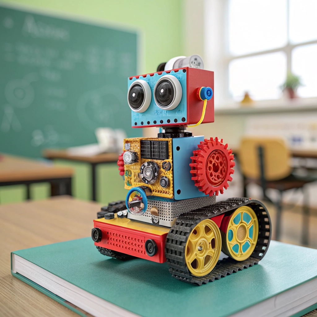 Primer plano de un pequeño robot educativo construido con piezas de plástico y componentes electrónicos.