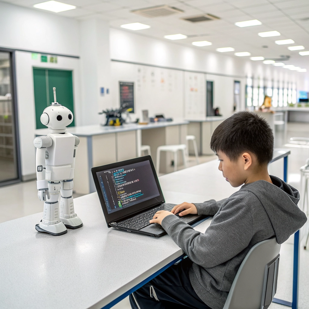 Un estudiante programando un robot en una computadora portátil en un laboratorio escolar.