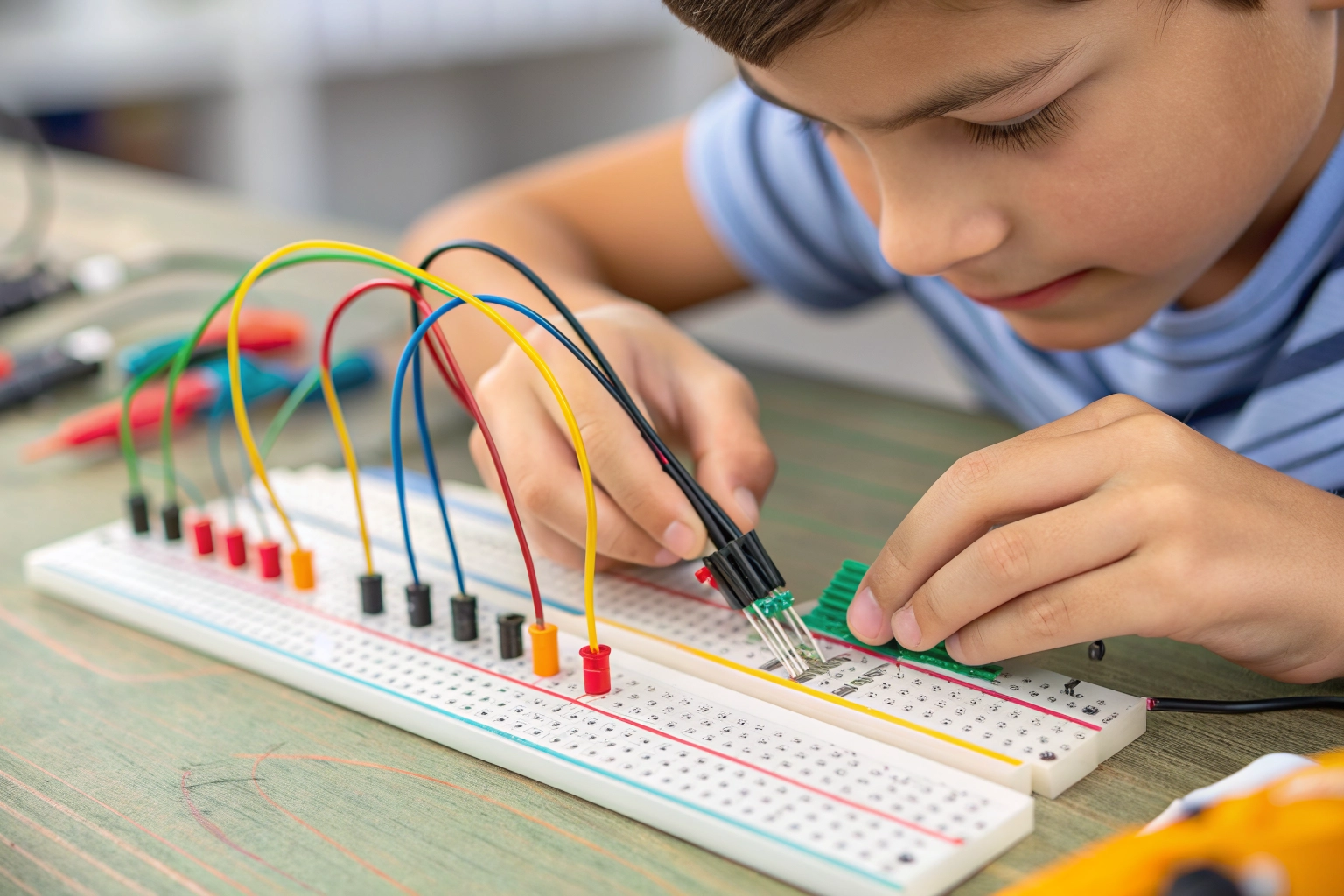 Manos de un joven conectando cables en una placa de pruebas electrónica (breadboard).