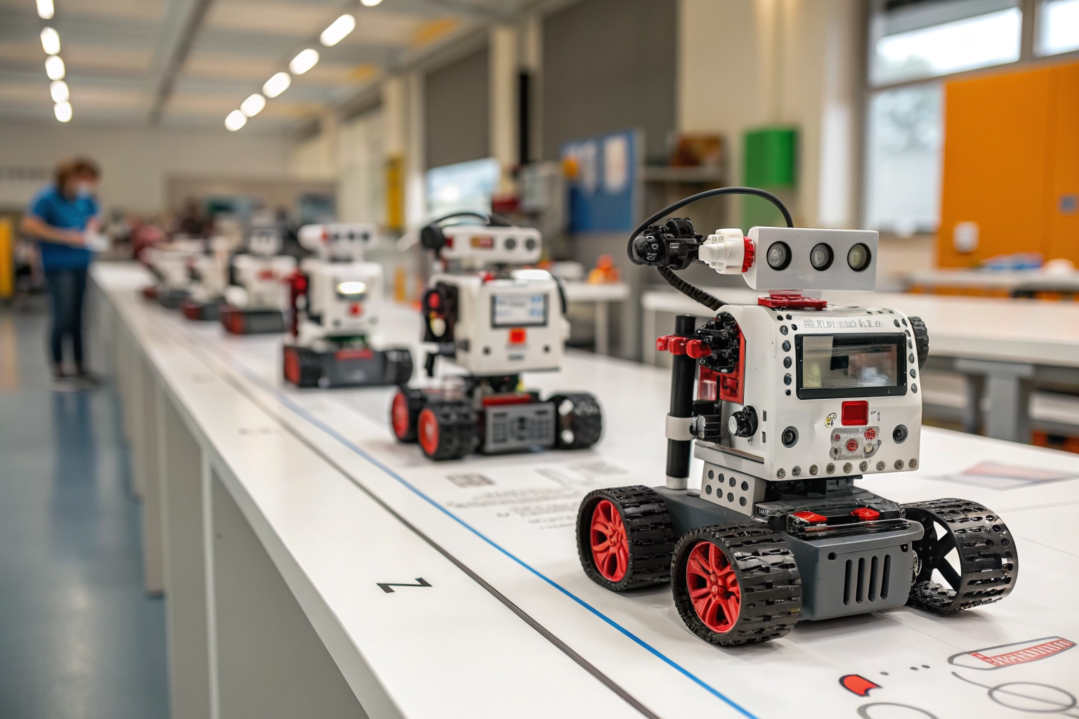 Varios robots pequeños alineados en una mesa de laboratorio escolar listos para una competencia.