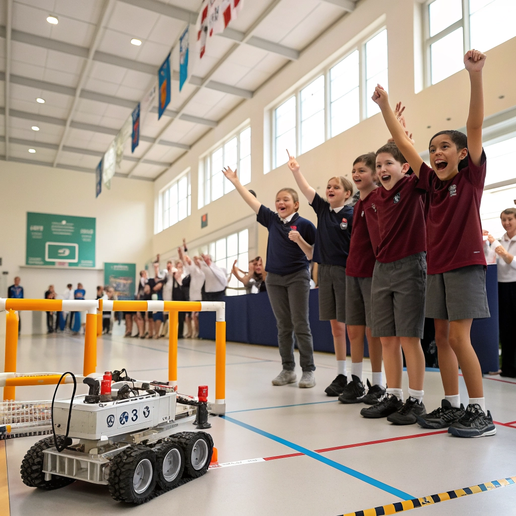 Estudiantes celebrando después de una exitosa prueba de su robot en una pista de obstáculos.