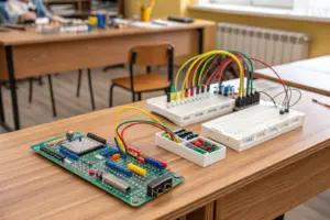 Circuitos de electrónica y robótica escolar para niños, componentes educativos, cables de colores y microcontroladores sobre una mesa de madera.