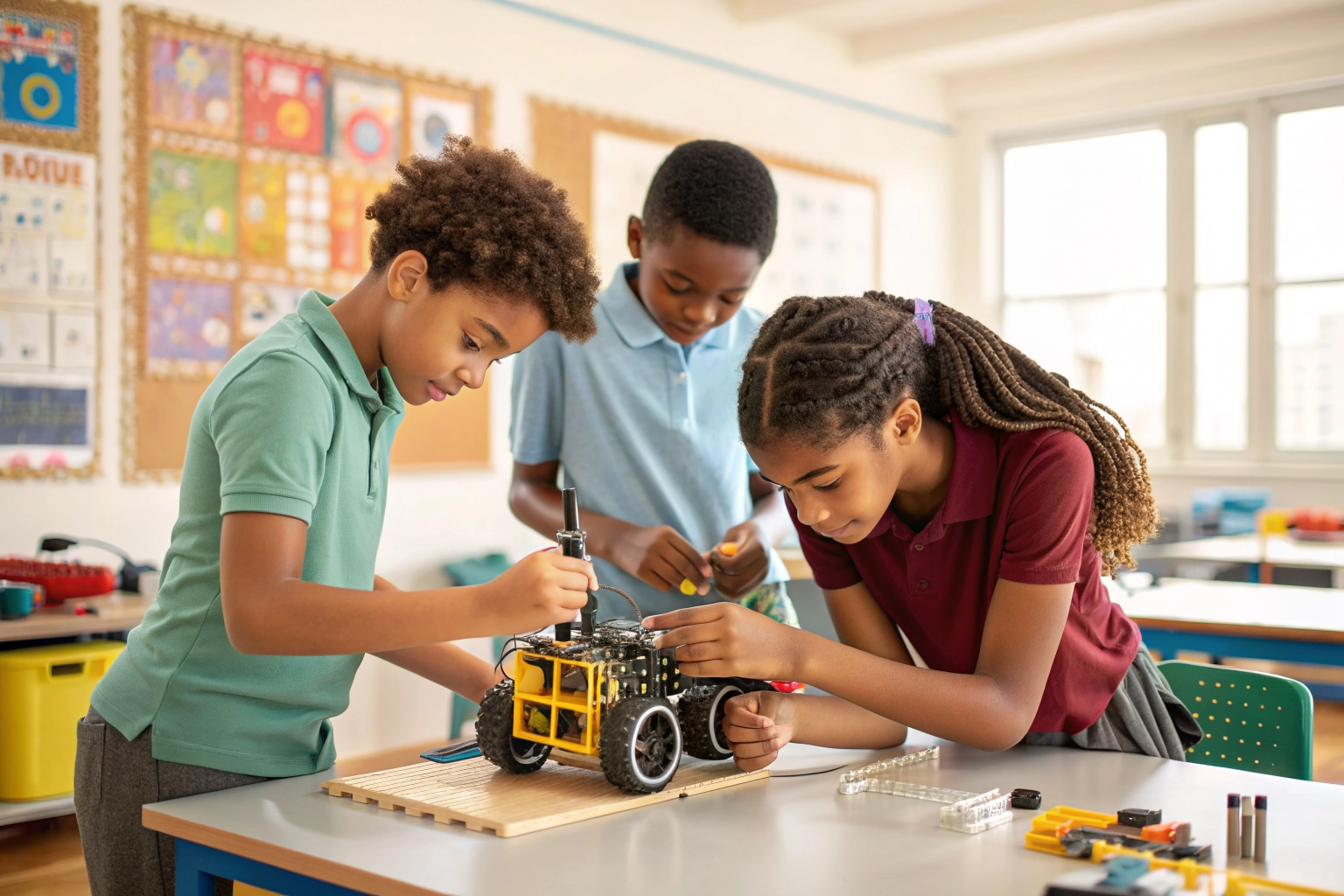 Grupo de estudiantes colaborando en el montaje de un robot educativo en un taller.