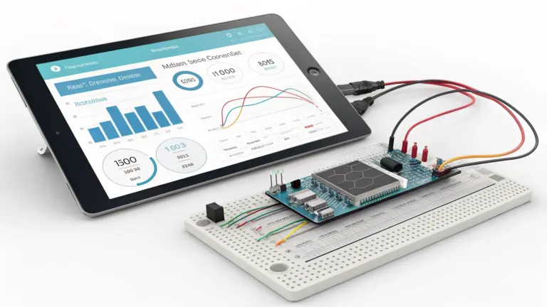 Interfaz de control IOT mostrada en una tablet junto a un prototipo electrónico.