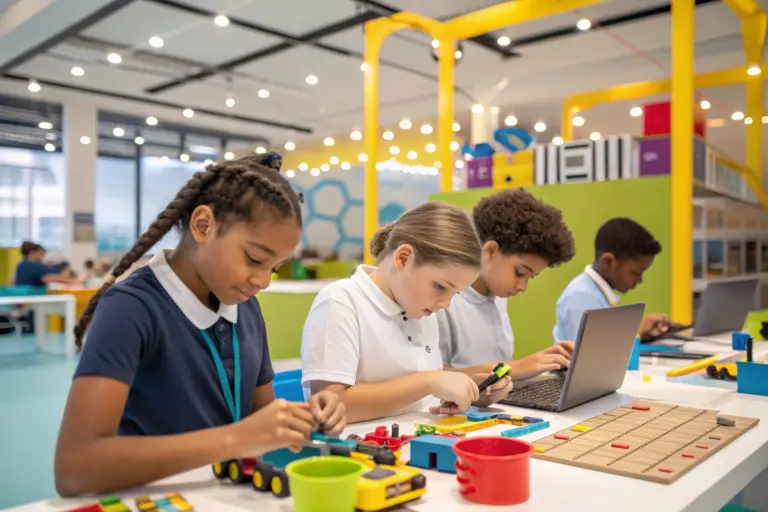 Niños y jóvenes trabajando con kits de robótica educativa en un taller moderno.