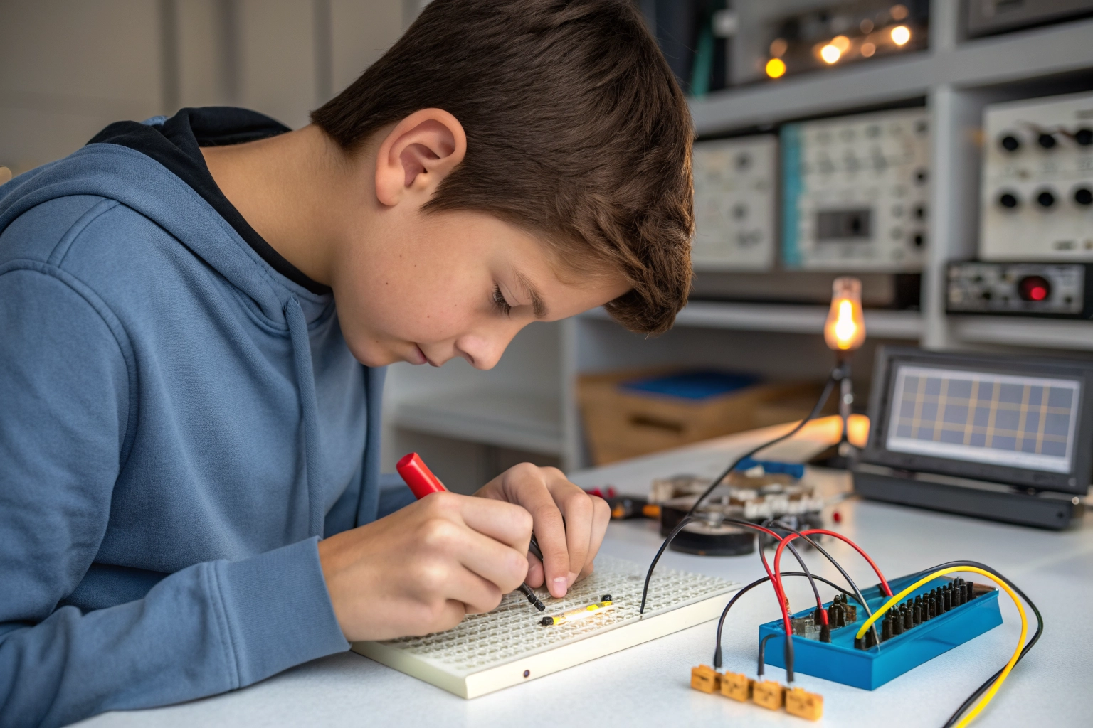 Estudiante de secundaria soldando y ensamblando circuitos electrónicos creativos.