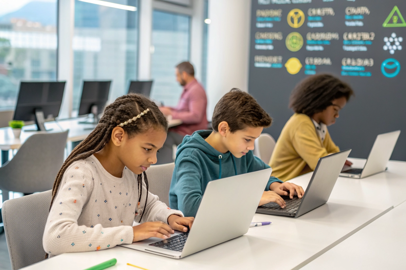 Jóvenes programando en computadoras en un entorno de aprendizaje colaborativo.